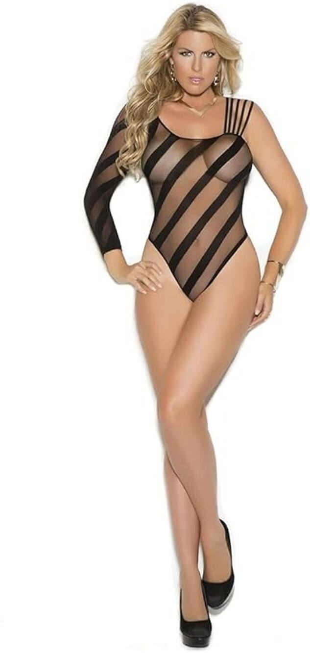 Elegant Moments Sheer Burn Out Teddy , Queen Size 1x-3X Black
